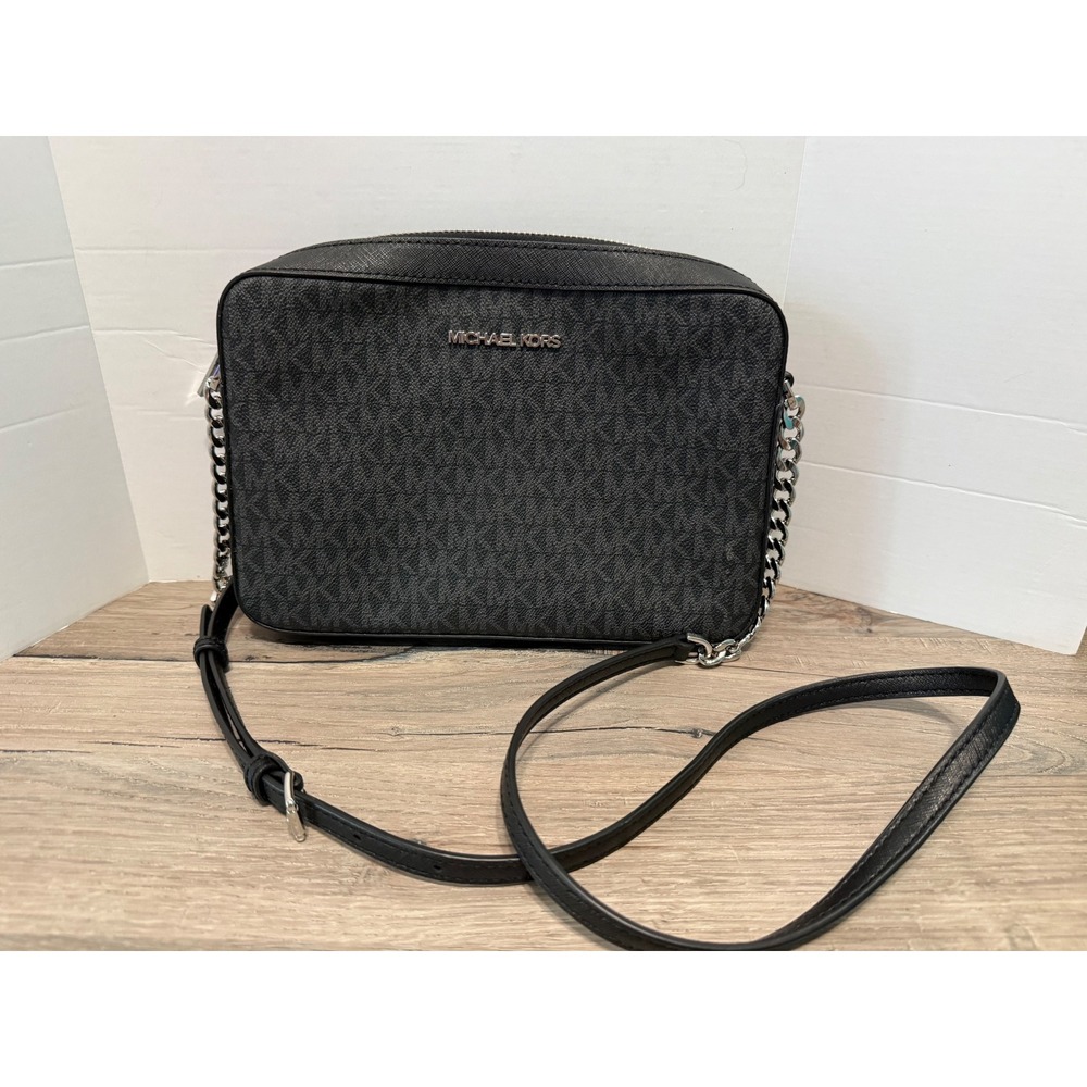 Michael Kors Jet Set Large East West Crossbody Bag‎ Black Signature Logo Silver
